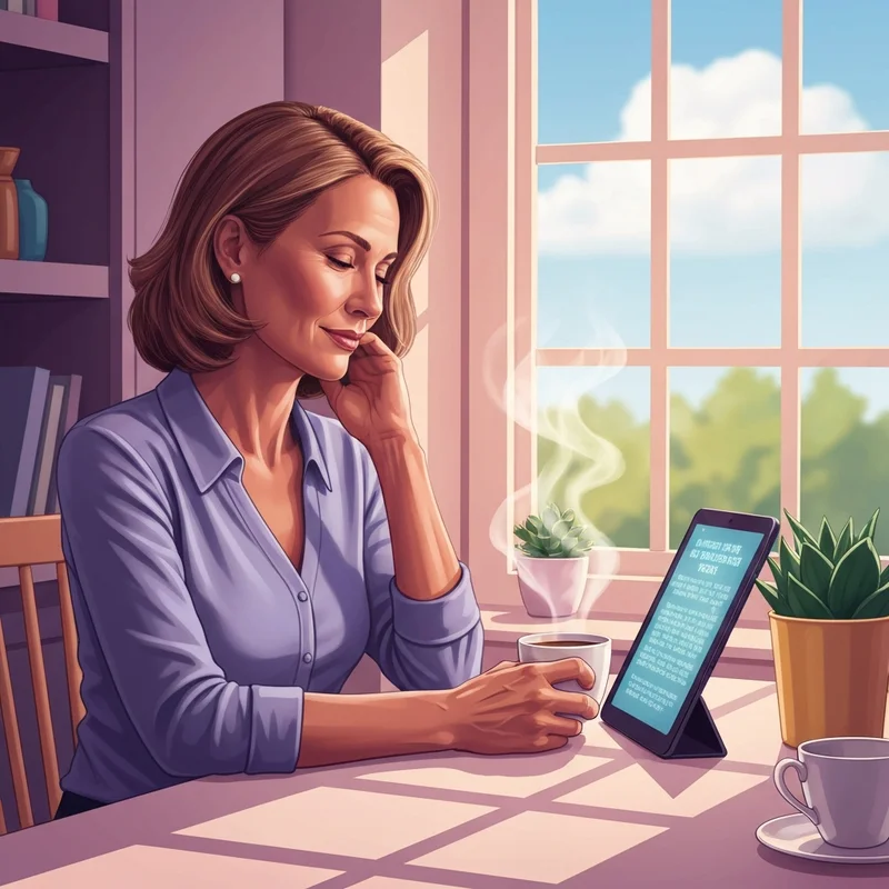 Una mujer encuentra paz interior leyendo su texto diario durante la mañana.