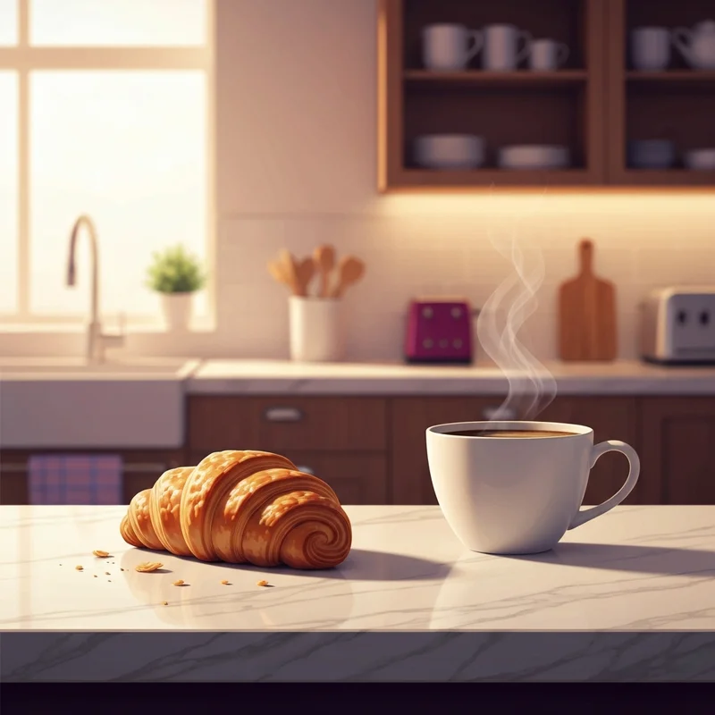 A close-up of a golden dunkin donuts croissant on a breakfast table with coffee.