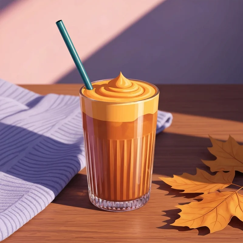 A close up of a starbucks pumpkin chai with thick pumpkin cream cold foam on a cozy wooden table.