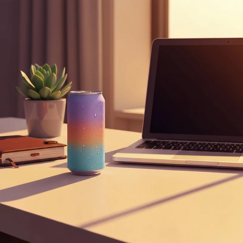 A refreshing can of starbucks iced energy on a modern desk, symbolizing aesthetic productivity.