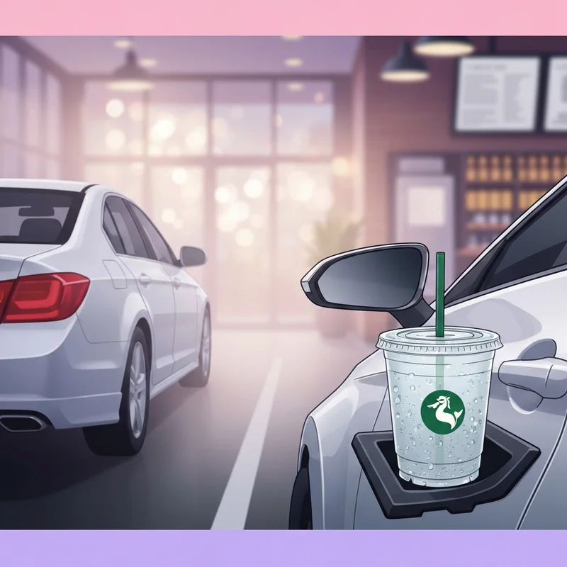 A close up of a cold coffee cup in a car cup holder representing the viral starbucks meme aesthetic.