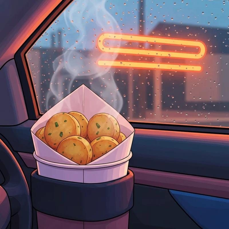 A close-up of crispy dunkin hash browns in a paper bag during a morning commute.
