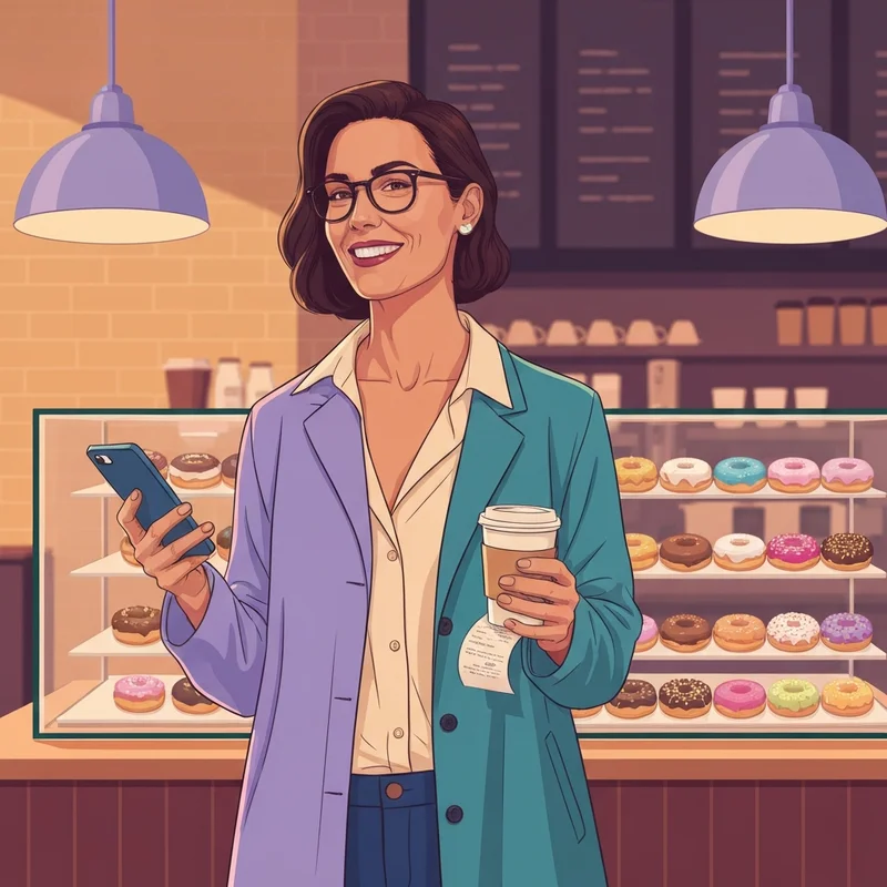 A young professional successfully redeeming a dunkin survey code for a free donut at a modern coffee shop.