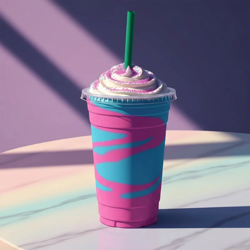 A vibrant and swirling neon pink and blue unicorn drink starbucks with whipped cream on a pastel table.
