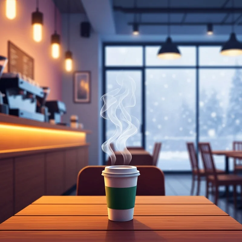A warm and inviting interior view of a starbucks open on christmas with a steaming latte on a table.