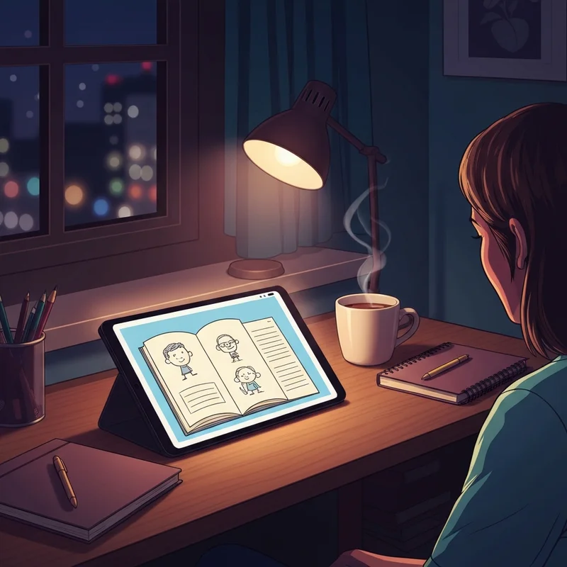 Una tablet digital con un diario de un chico en apuros en una habitación acogedora