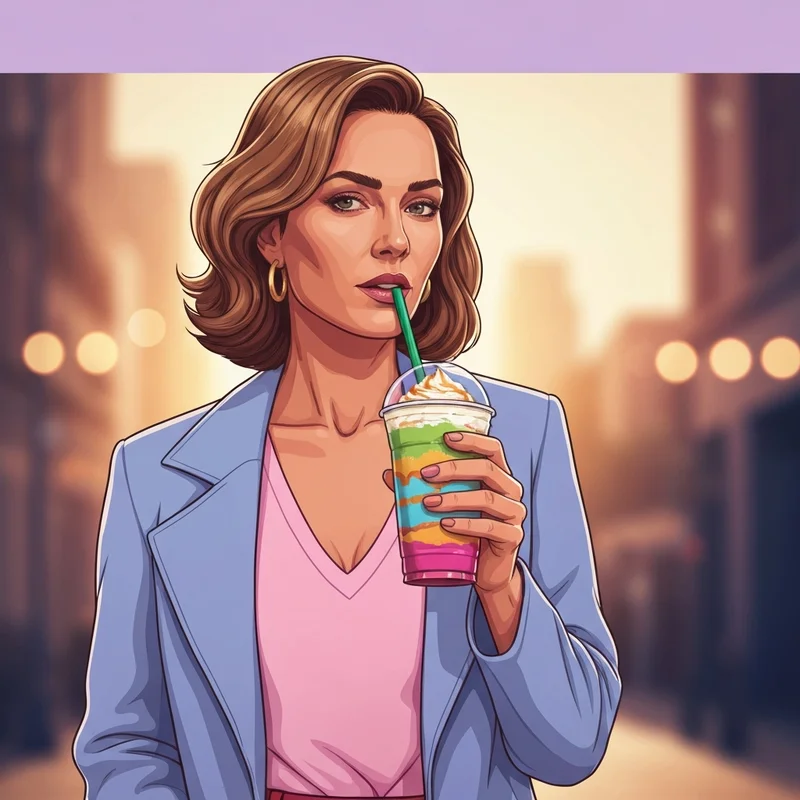 A young woman holding one of the most aesthetic starbucks frozen drinks in a sunlit city setting.