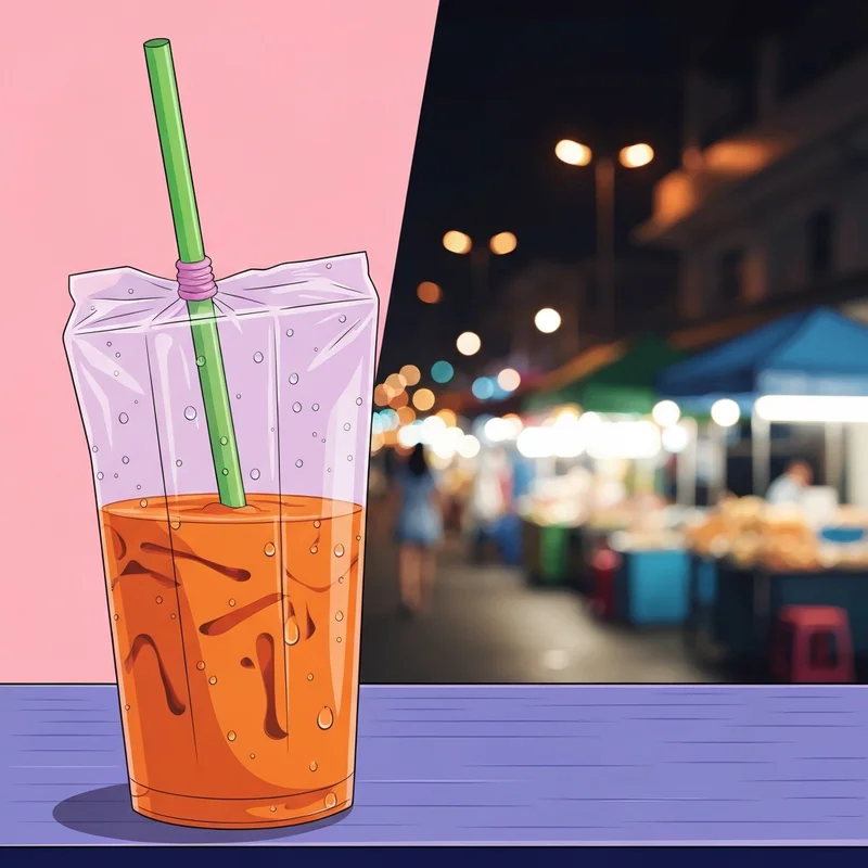 A traditional plastic bag of authentic thai milk tea thailand in a bustling Bangkok street market.