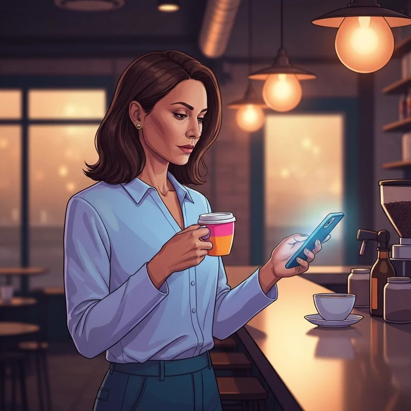 A young investor checking her portfolio for stock dunkin at a modern cafe.