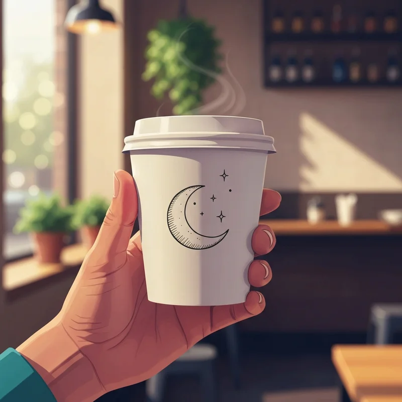 A detailed starbucks drawing of a moon and stars on a white paper cup held by a hand in a sunny cafe.