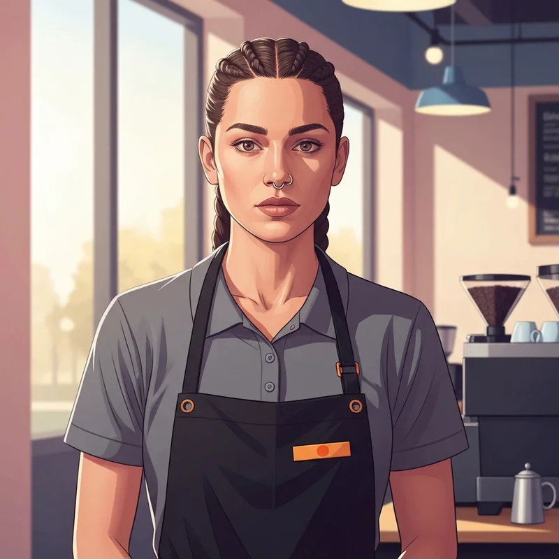 A confident young employee wearing the official dunkin donuts uniform in a modern store setting.