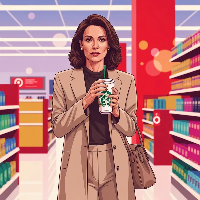 A woman holding her target starbucks coffee while shopping for home decor in a bright store aisle.