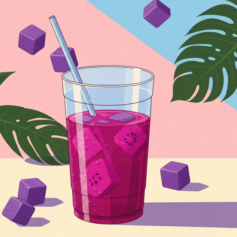 A vibrant magenta mango dragonfruit starbucks refresher sitting on a sunlit table with tropical vibes.