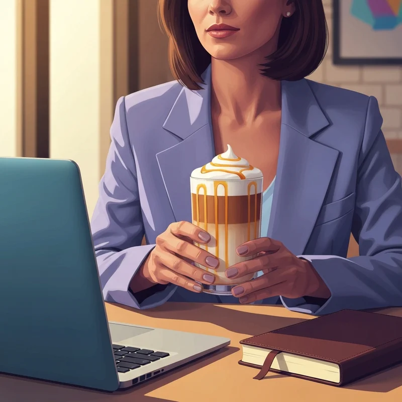 A close-up of premium starbucks caramel drinks with golden drizzle and cold foam in a modern cafe setting.