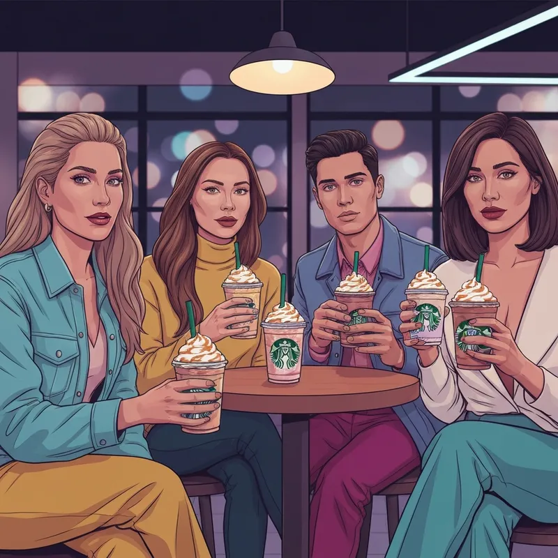 A group of friends enjoying drinks while discussing do frappuccinos at starbucks have caffeine in a cozy cafe setting.