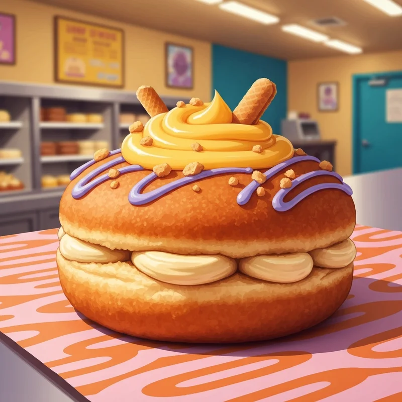 A close-up of a Dunkin Donuts Banana Pudding Donut with vanilla wafer toppings and cream filling.
