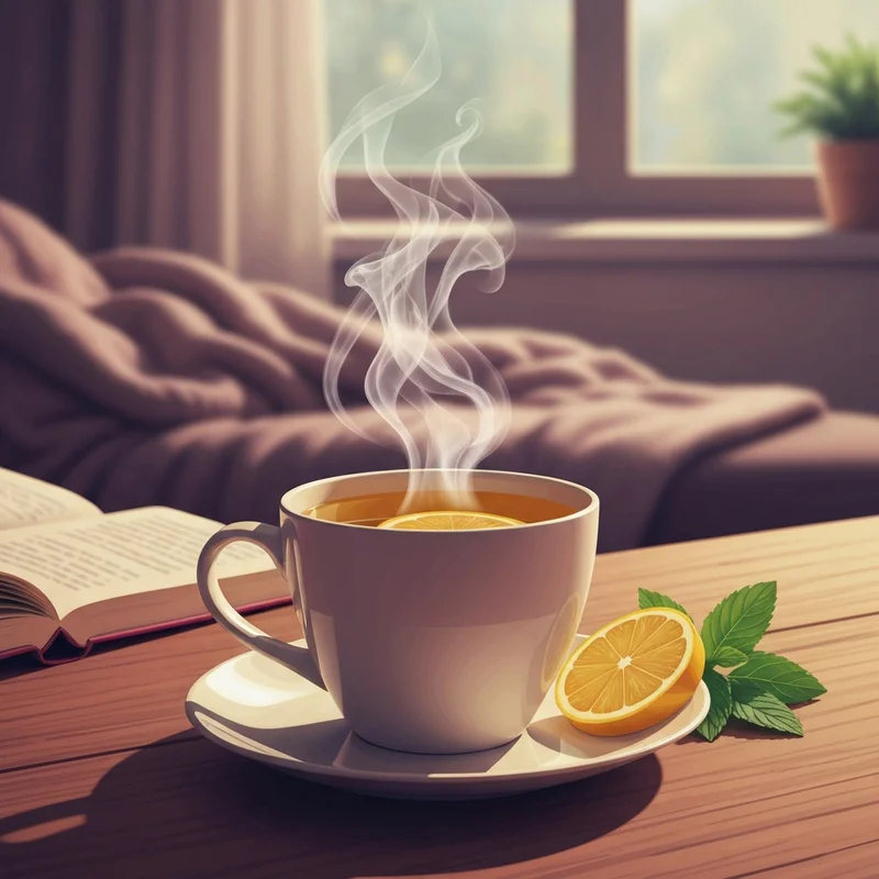 A steaming mug of the starbucks medicine ball tea recipe with lemon slices and mint.