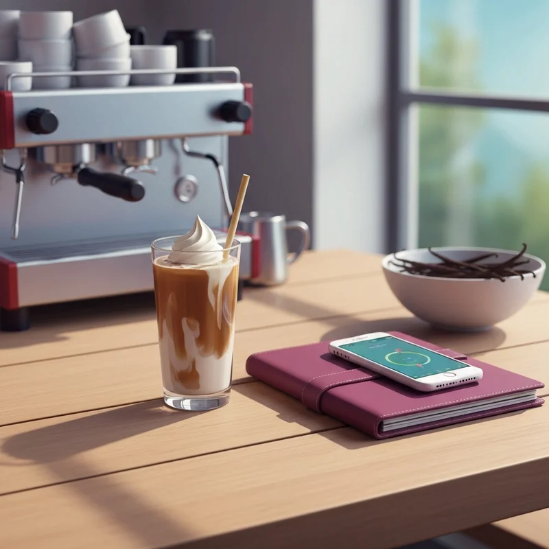 A tall iced coffee prepared with nutrition sugar free vanilla syrup starbucks on a cafe table.