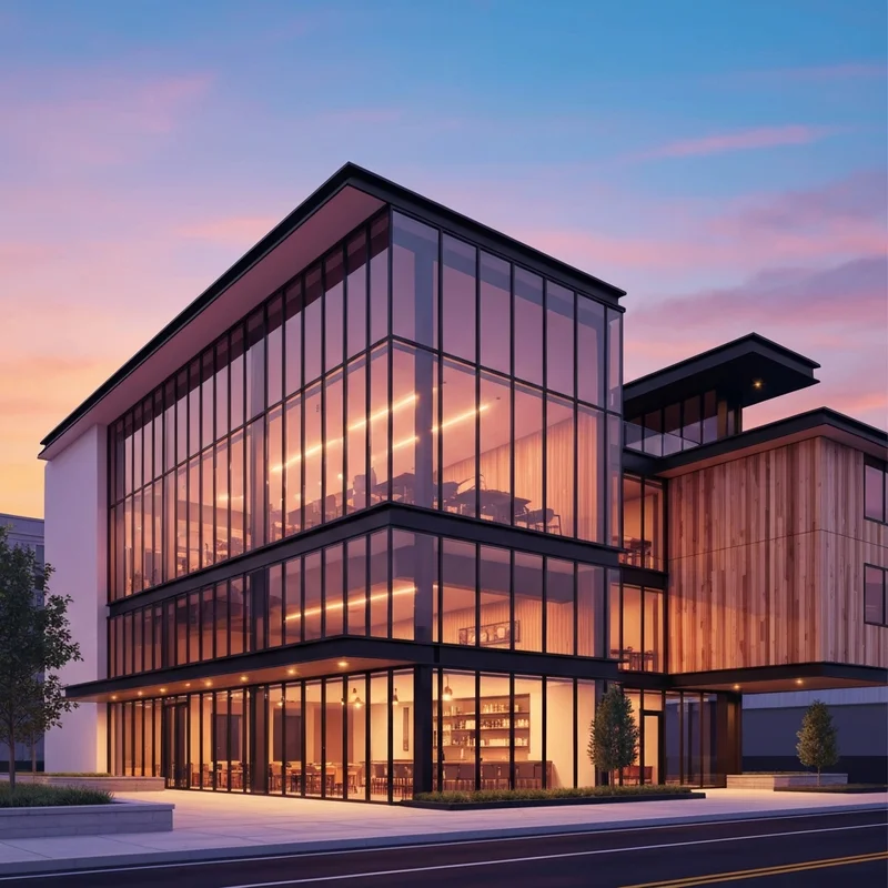 A modern and sophisticated starbucks building featuring glass walls and sustainable wood design at sunset.