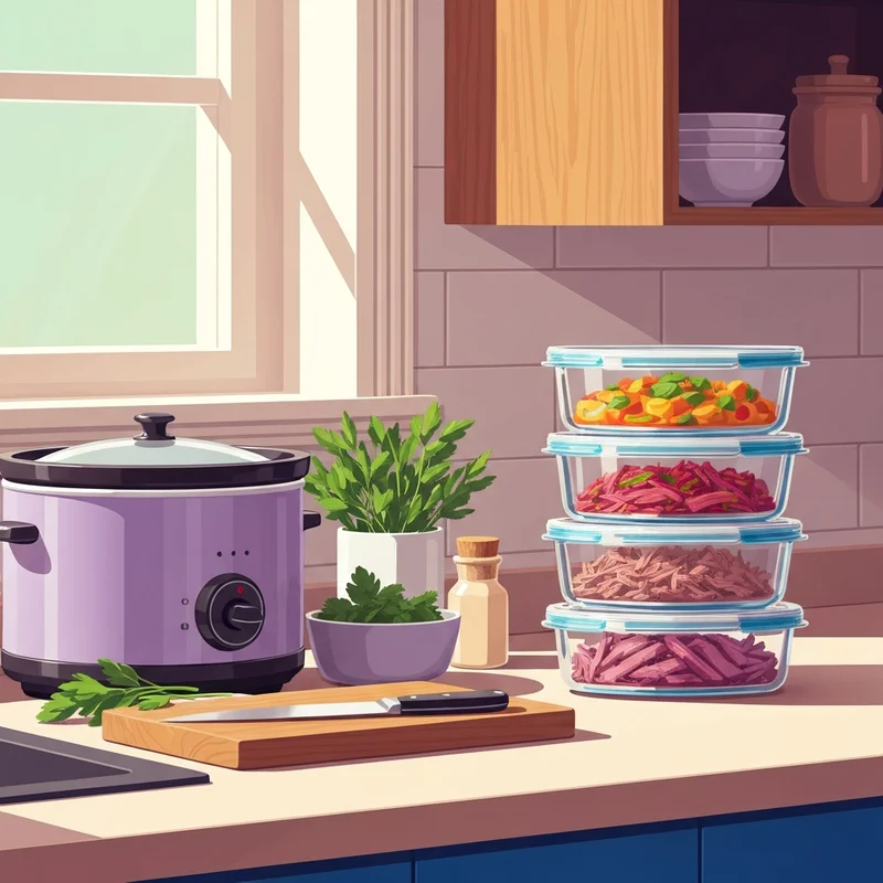 A high-quality meal prep crockpot setup with glass containers on a clean kitchen counter.