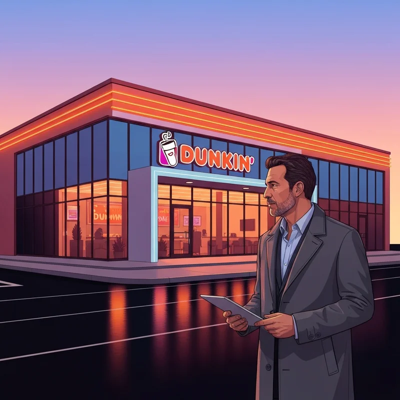 A professional analyzing the dunkin donuts franchise cost in front of a modern storefront at sunrise.