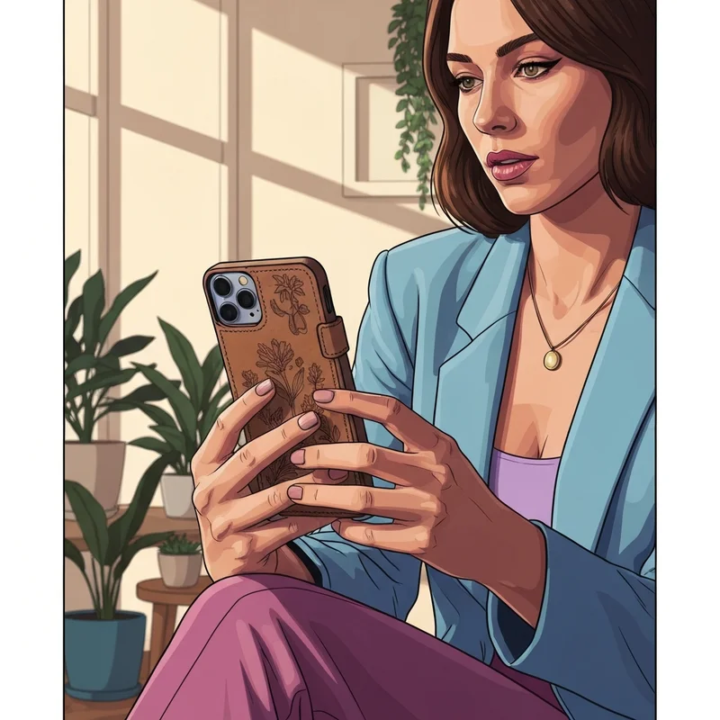 A stylish person holding a smartphone protected by the diary phone case featuring a floral art design.