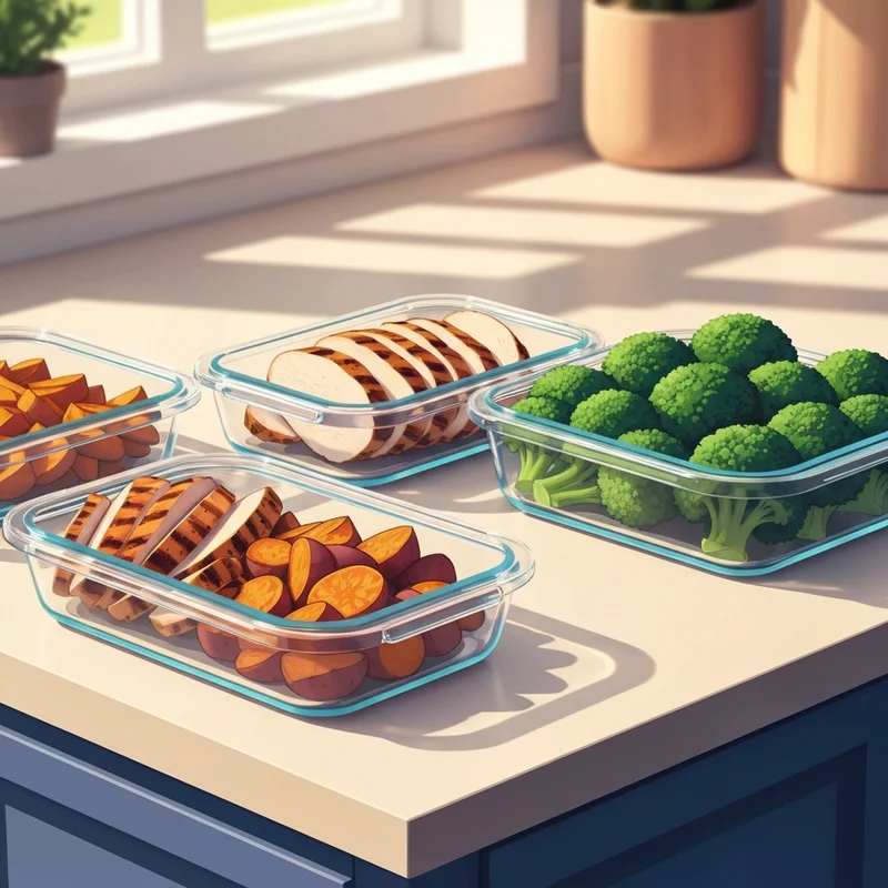 Organized high protein meal prep glass containers filled with colorful lean proteins and vegetables.