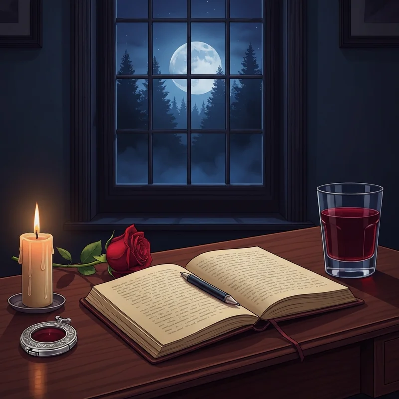 A moody gothic desk setting reflecting the emotional intensity of vampire diaries quotes
