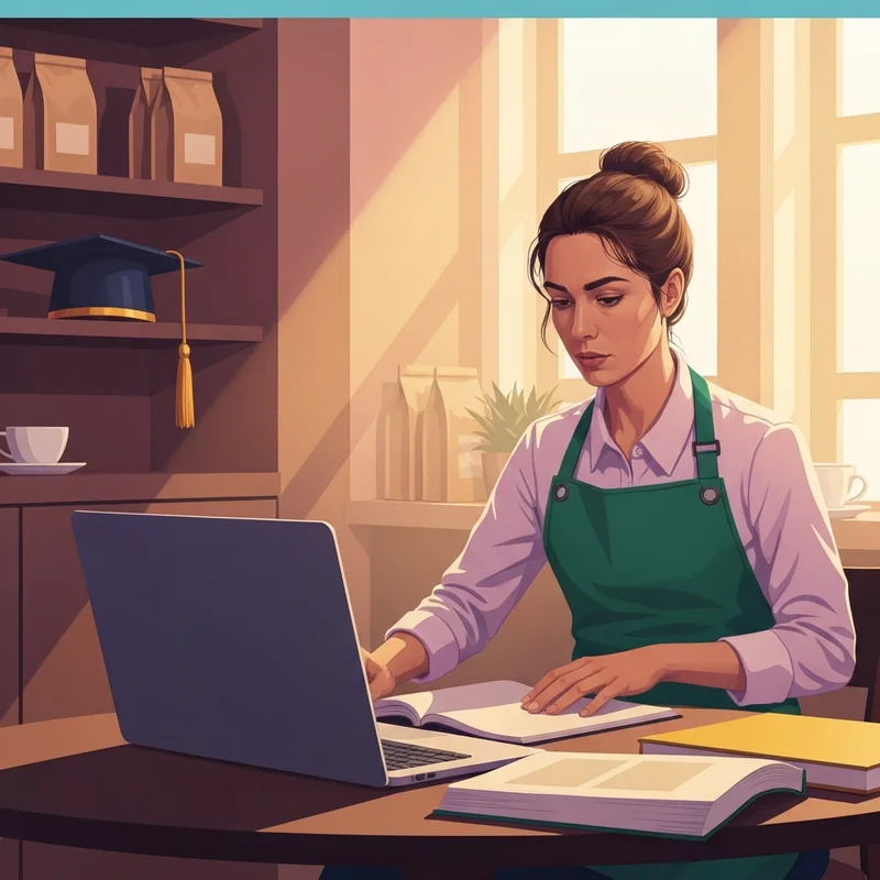 A student barista using starbucks tuition reimbursement to study at a cafe.