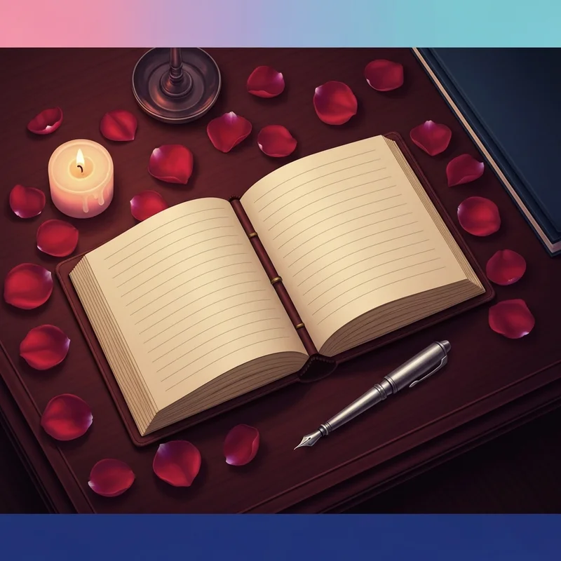 A gothic desk setup featuring elements from the vampire diaries book series including rose petals and a vintage journal.