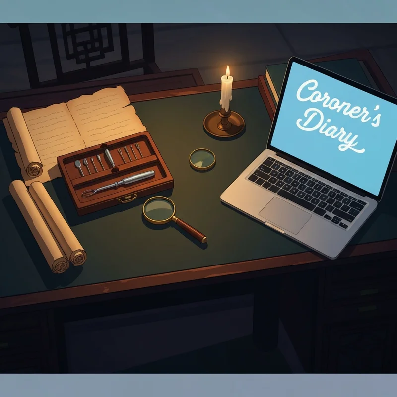 A dark academic desk featuring ancient forensic tools and a laptop screen displaying Coroner's Diary.