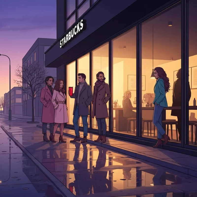 A group of friends enjoying their starbucks black friday morning ritual with holiday drinks.