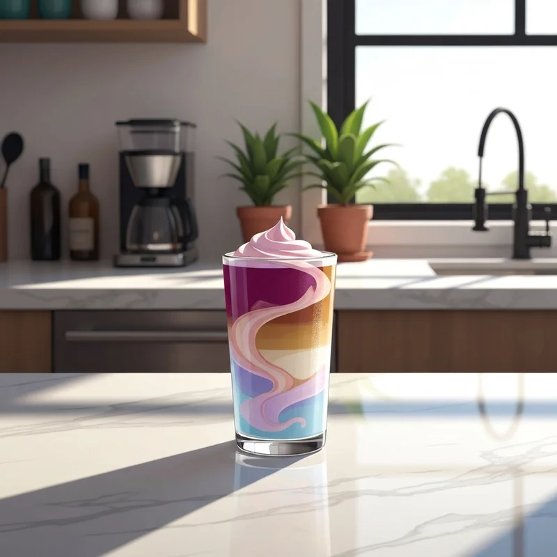 A perfectly crafted glass of coffee showing the process of making starbucks iced coffee at home with beautiful ice cubes and cream swirls.