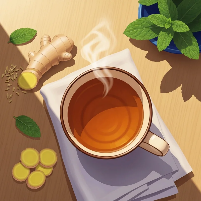 A soothing cup of herbal tea showing what tea helps with bloating with fresh ingredients nearby.