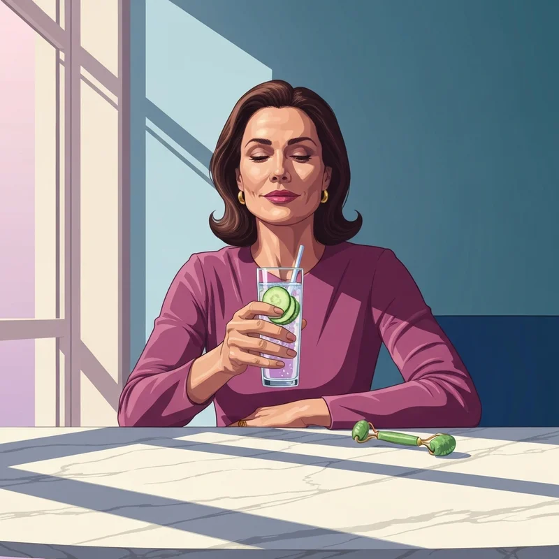 A woman focusing on hydration to reduce alcohol bloating in a bright morning setting.