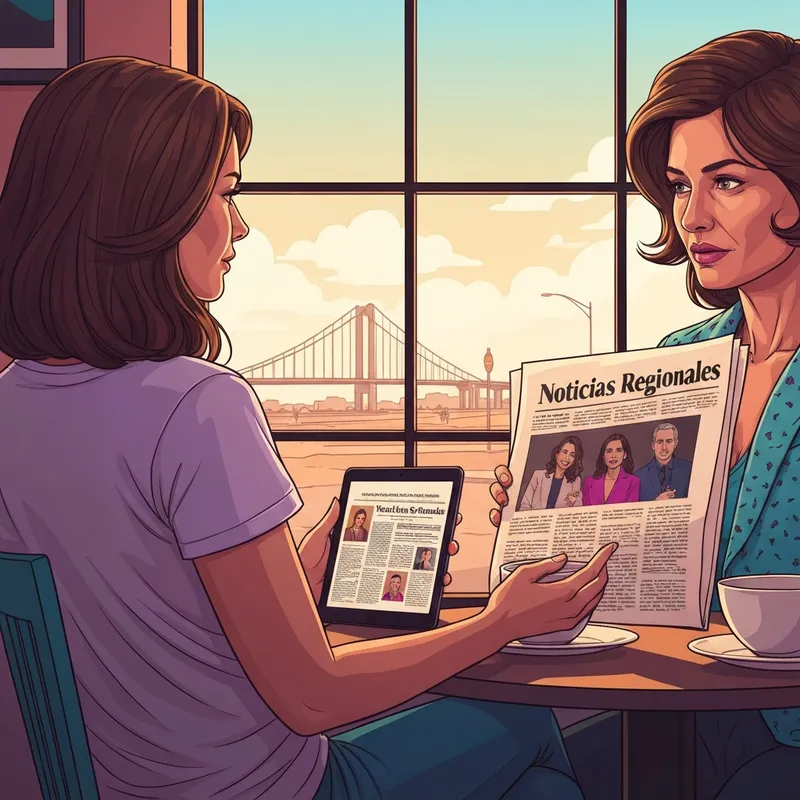 A woman calmly reading el diario de el paso on a tablet in an El Paso cafe, representing mental wellness and bicultural identity.