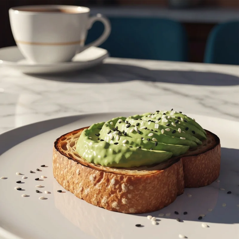 Detailed close-up of Dunkin avocado toast calories focused breakfast on sourdough with seasoning.
