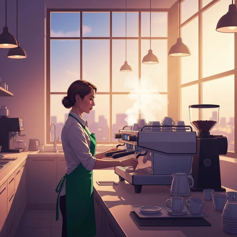 A professional barista working in a coffee shop, illustrating the reality of how much does a barista at starbucks get paid.