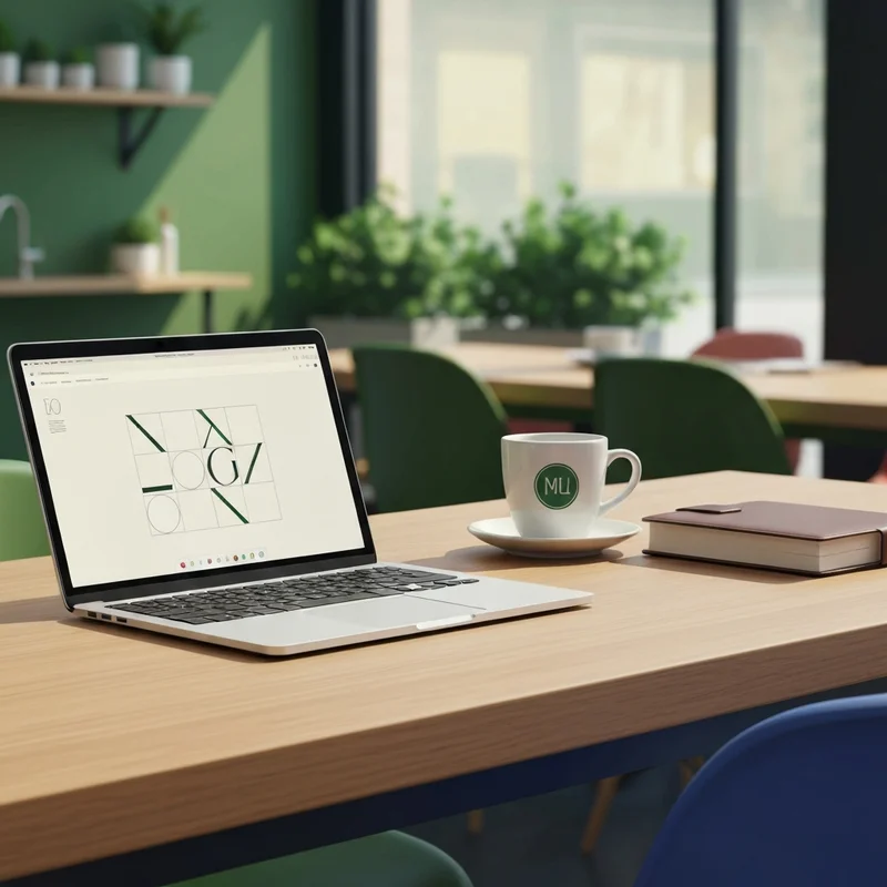 A professional digital workspace featuring the starbucks font aesthetic on a laptop screen with coffee and minimalist decor.