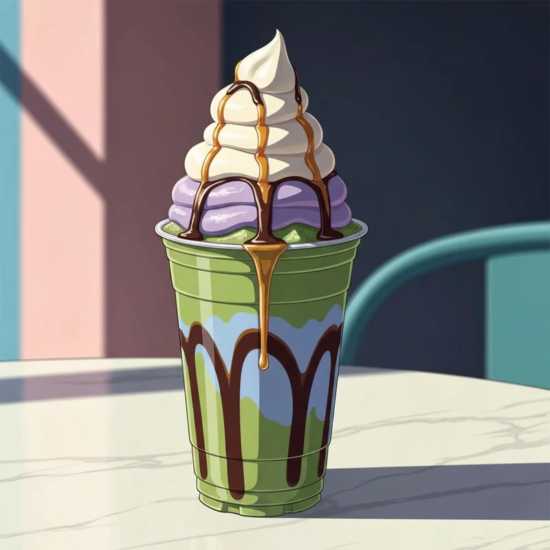 A towering and complex most expensive starbucks drink with layers of foam and drizzle on a marble table.