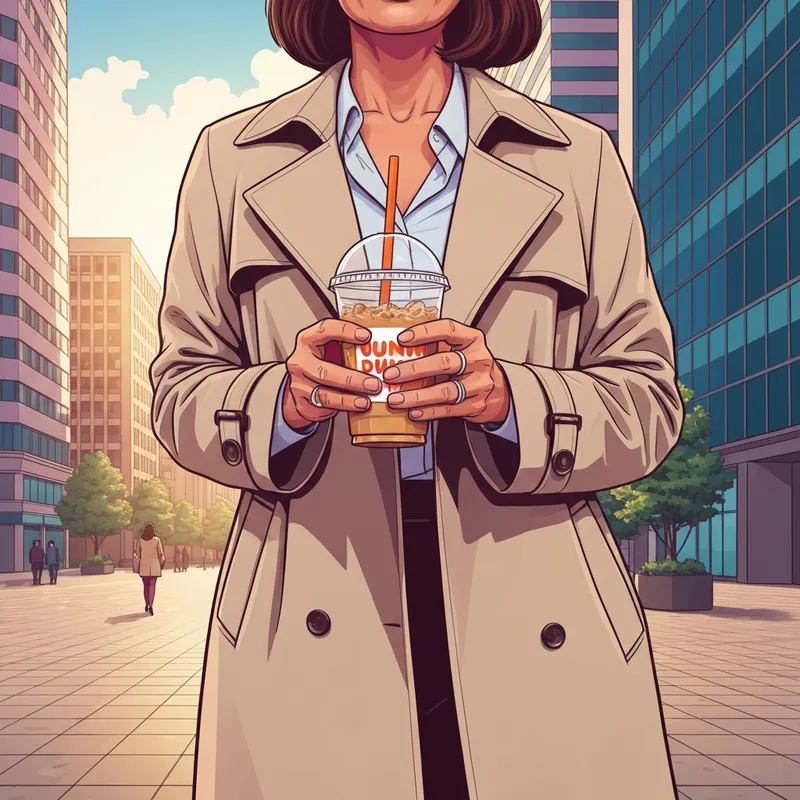A professional woman holding an iced coffee in a city square, illustrating the impact of dunkin coffee prices on daily life.