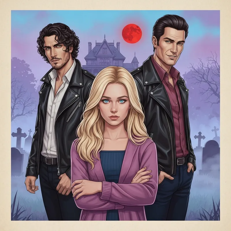 A visual representation of the main characters from the book of the vampire diaries in a gothic setting.