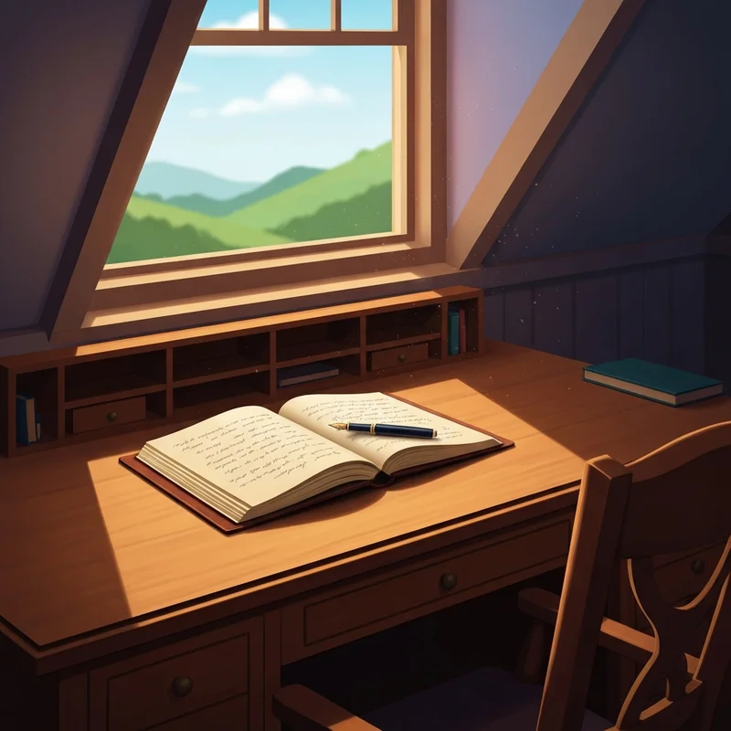 A vintage journal and fountain pen in a sunlit attic representing the narrative style of emily's diary porn.