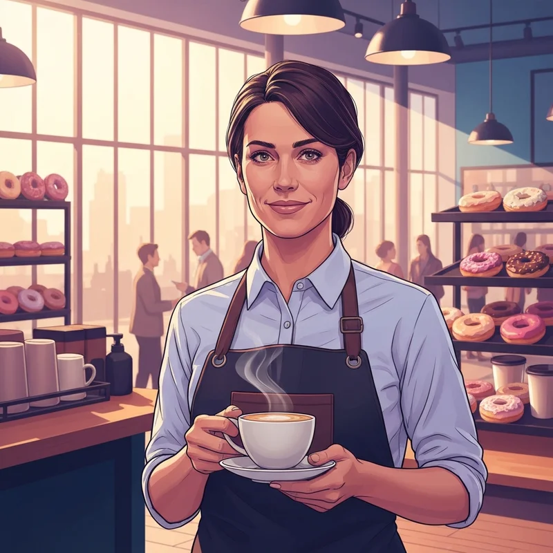 A young professional working one of the jobs at dunkin donuts, serving a fresh cup of coffee with a smile during the morning rush.