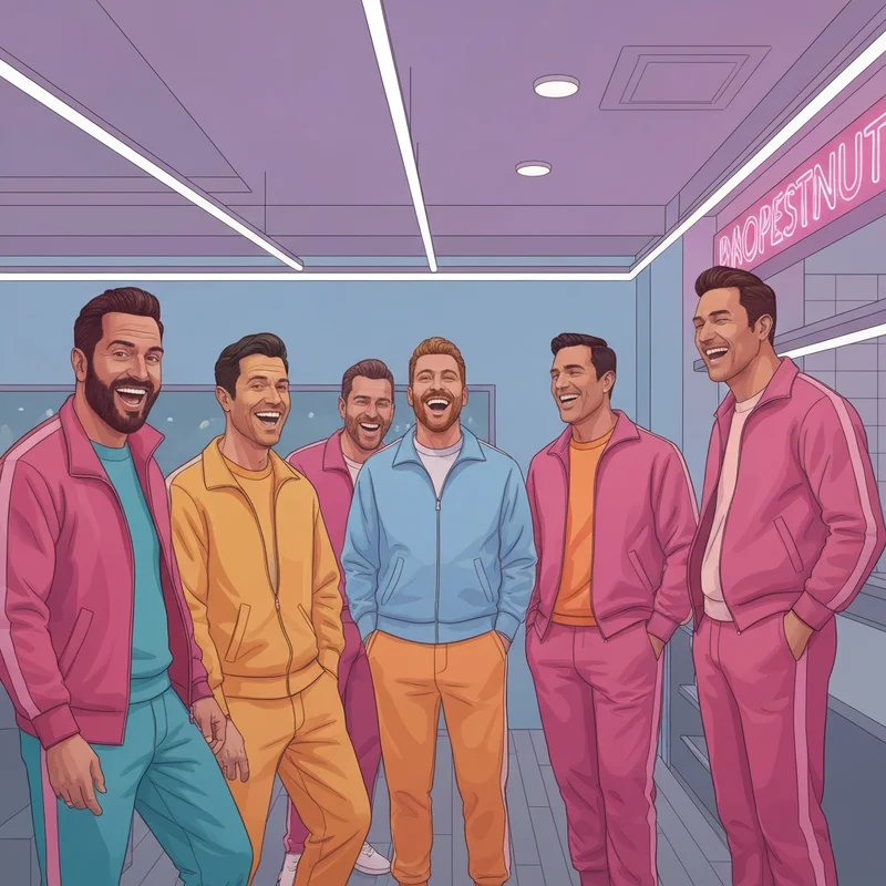 A group of celebrities laughing in tracksuits during the Dunkin Super Bowl Commercial 2025.