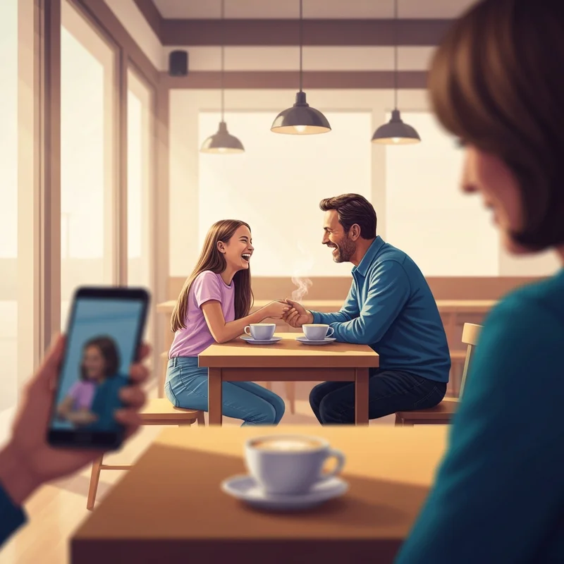 A father and daughter at Starbucks sharing a wholesome moment of affection while being observed.