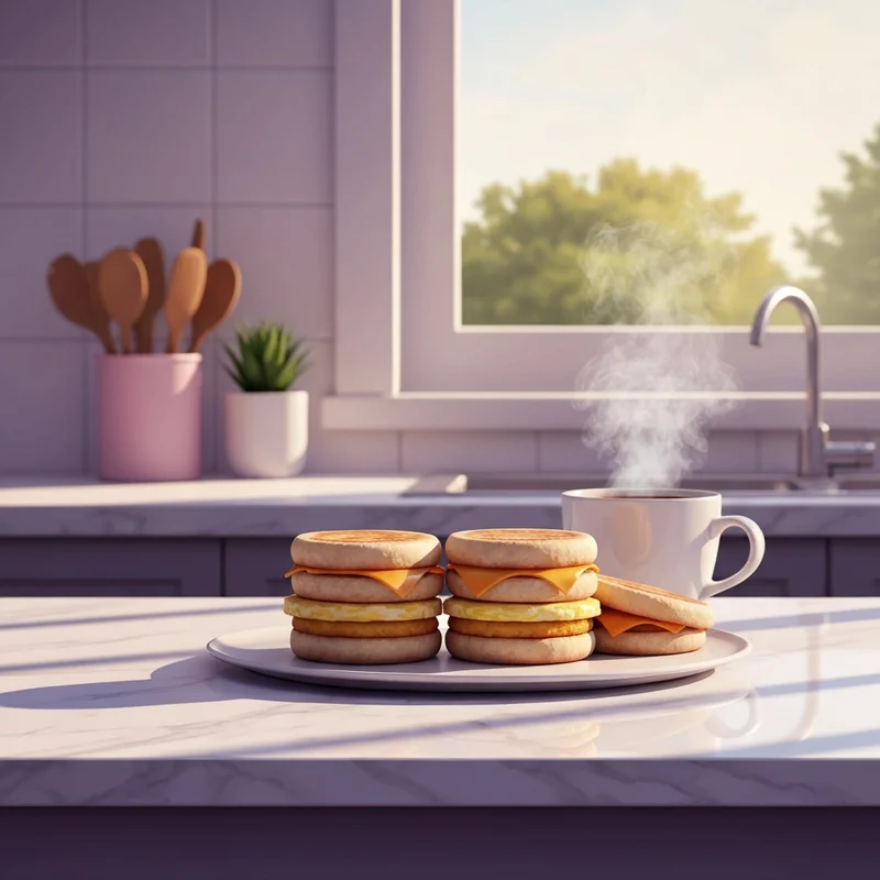 A stack of golden and delicious meal prep breakfast sandwiches on a marble countertop in a sunlit kitchen.