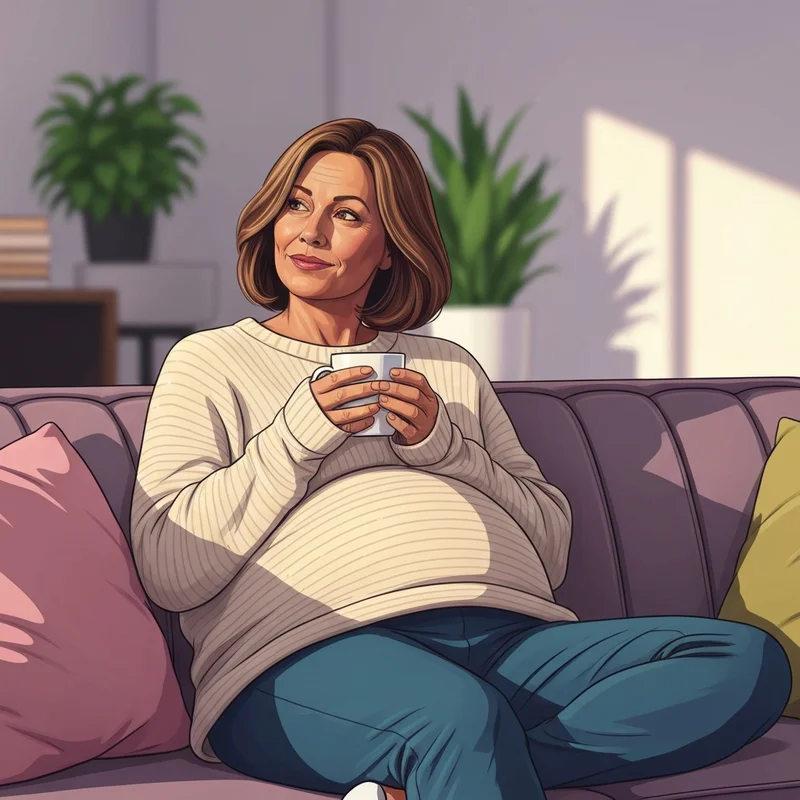 A woman in a cozy sweater relaxing during her bloating period to emphasize self-care and comfort.