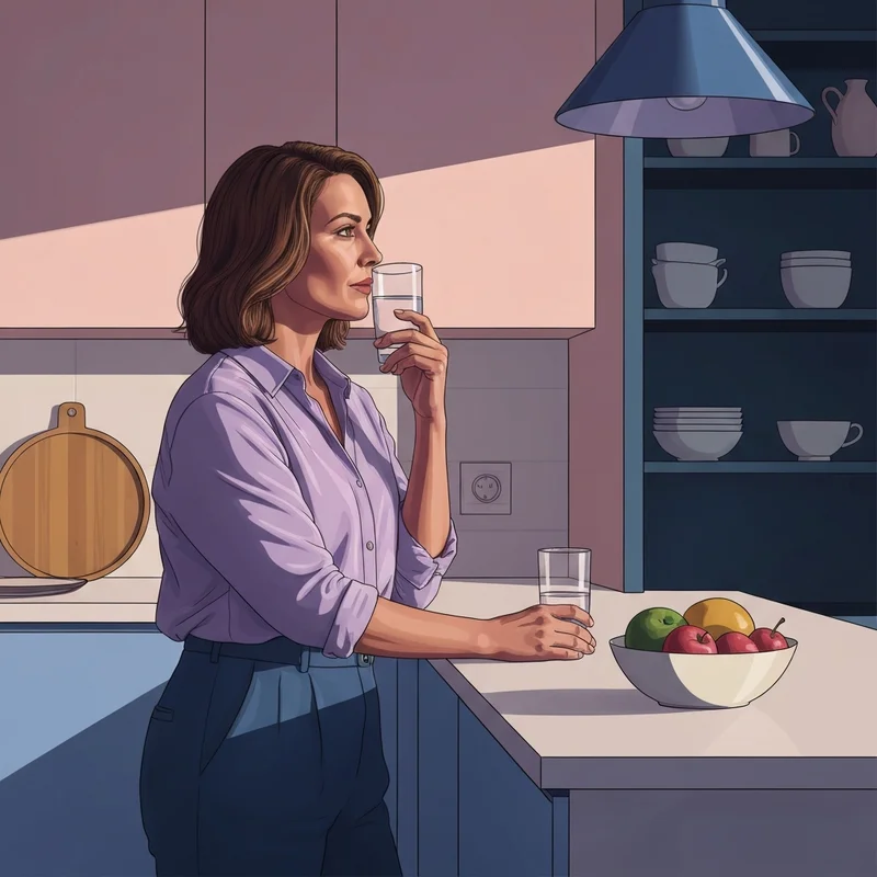 A woman managing bloating and food intolerance by choosing fresh whole foods in a sunny kitchen.