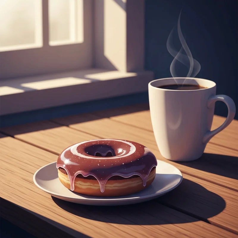 A fresh Dunkin donuts chocolate glazed donut with a glossy sugar coating next to a cup of coffee.